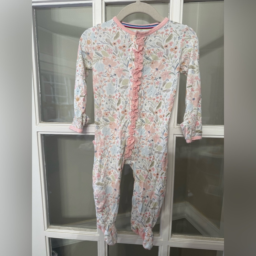 Magnetic Me Pink and White Floral Ruffle Modal Footie